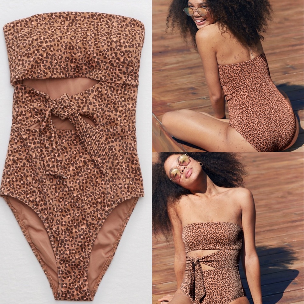 Aerie Ribbed Leopard Wrap Bandeau One Piece Swimsuit
